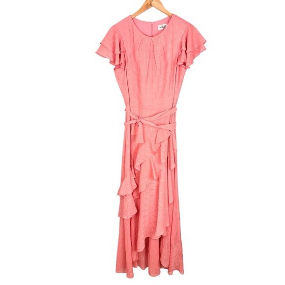 Eliza J METALLIC RUFFLE FIL COUPÉ HIGH-LOW MAXI DRESS ROSE SZ 12 FORMAL WEDDING - Picture 2 of 11